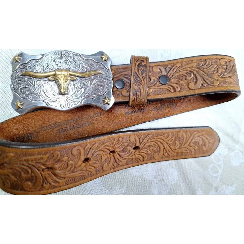 NWT Tony Lama LITTLE TEXAS Handtooled Western Leather Belt W Buckle Child 4/6 yr